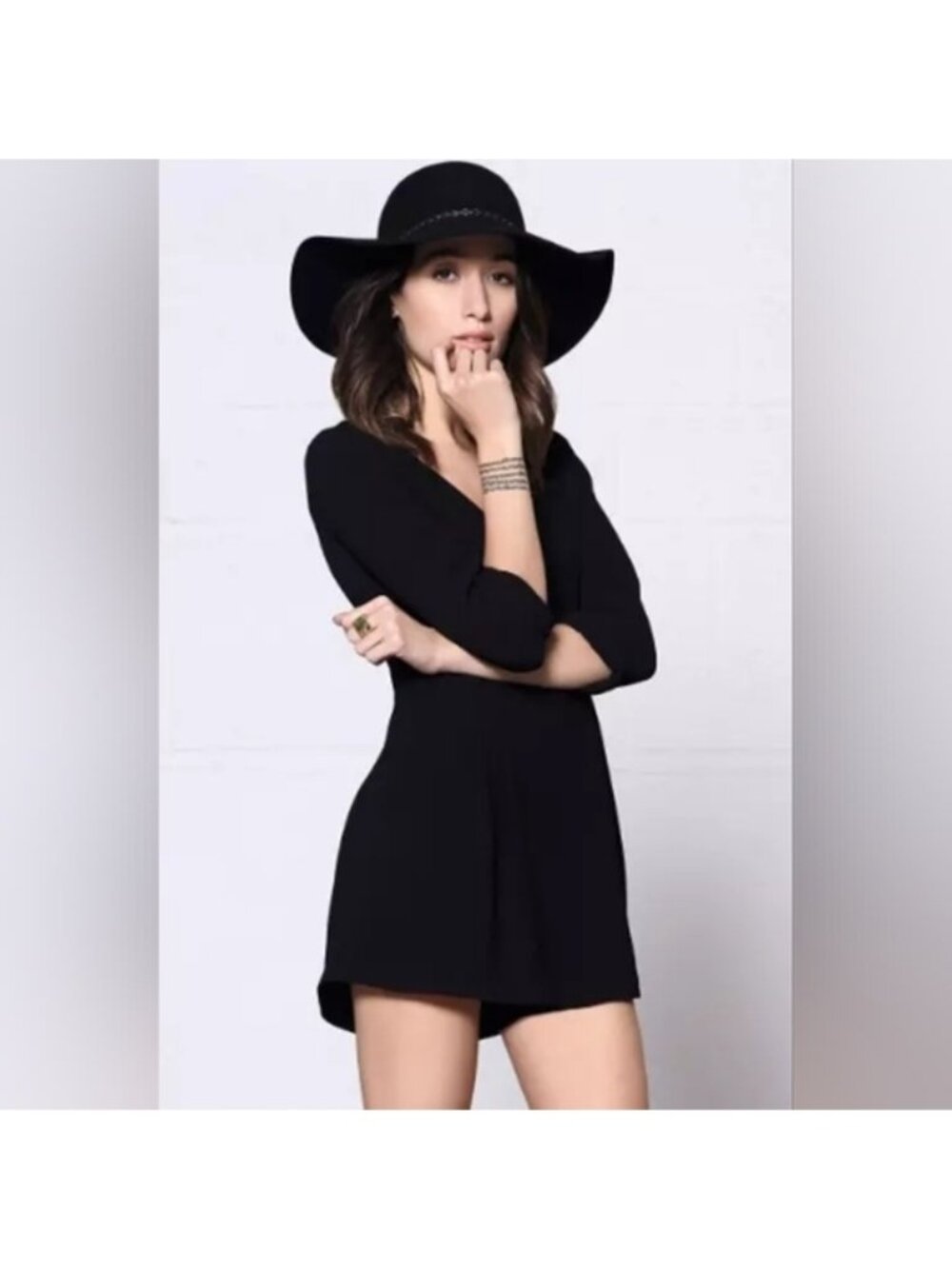 💠Pimkie Pleated Romper Pockets Black V-Neck Playsuit ¾ Sleeves Womens Size XS